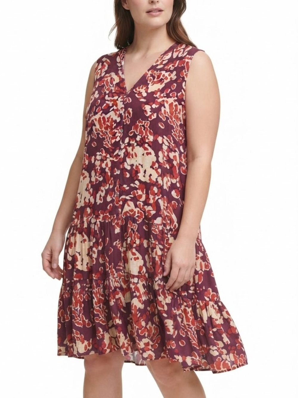 NINE WEST Sleeveless V-Neck Floral Tiered Dress XL 22” p2p Burgundy Multi EUC